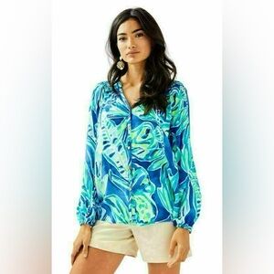 NWT Lilly Pulitzer Button Front Elsa Top Beckon Blue Palm Passage Extra Large XL